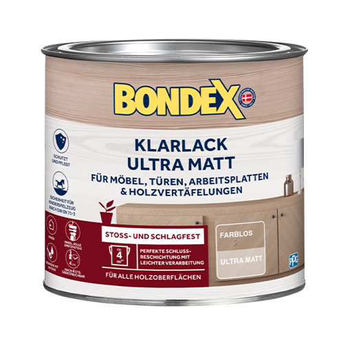 BONDEX KLARLACK ULTRA MATT schützt Möbel, Türen, Arbeitsplatten und Holzvertäfelungen im Innenbereich.
<table cellpadding="2">
	<tbody>
		<tr>
			<td><img alt="schützt und pflegt" src="/kentico/getattachment/produkte/innen/klarlack_ultra_matt/Schutzt-und-erhalt-das-naturliche-Erscheinungsbild.jpg?lang=de-DE&amp;width=50&amp;height=50" style="width: 50px; height: 50px;" title="Sehr-hoher-Wetter-und-UV-Schutz.png" /></td>
			<td>Schützt und pflegt</td>
		</tr>
		<tr>
			<td><img alt="Sicherheit-fur-Kinderspielzeug-nach-DIN-EN-71-3" src="/kentico/getattachment/produkte/innen/antikwachs-fest/Sicherheit-fur-Kinderspielzeug-nach-DIN-EN-71-3.jpg?lang=de-DE&amp;width=50&amp;height=50" title="Schutzt-und-erhalt-das-naturliche-Erscheinungsbild-(1).png" /></td>
			<td>Sicherheit für Kinderspielzeug nach DIN EN 71-3</td>
		</tr>
	</tbody>
</table>
