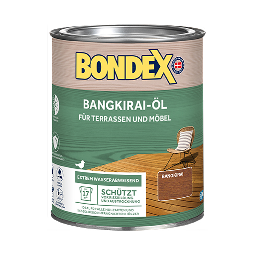 BONDEX Bangkirai Öl - Der optimale Witterungsschutz, Verminderung von Rissbildung und Schutz vor Austrocknung.
<table cellpadding="2">
	<tbody>
		<tr>
			<td><img alt="Sehr-hoher-Wetter-und-UV-Schutz.png" src="/kentico/getattachment/produkte/aussen/bangkirai-ol/Sehr-hoher-Wetter-und-UV-Schutz.png?width=50&amp;height=50" style="width: 50px; height: 50px;" title="Sehr-hoher-Wetter-und-UV-Schutz.png" /></td>
			<td>Wetter- und UV-Schutz</td>
		</tr>
		<tr>
			<td><img alt="Schutzt-und-erhalt-das-naturliche-Erscheinungsbild-(1).png" src="/kentico/getattachment/produkte/aussen/bangkirai-ol/Schutzt-und-erhalt-das-naturliche-Erscheinungsbild-(1).png?width=50&amp;height=50" style="width: 50px; height: 50px;" title="Schutzt-und-erhalt-das-naturliche-Erscheinungsbild-(1).png" /></td>
			<td>Schützt und pflegt</td>
		</tr>
	</tbody>
</table>
