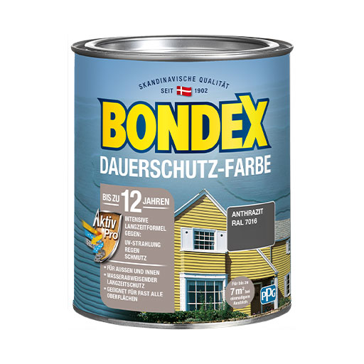 BONDEX Dauerschutz-Farbe bis zu 12 Jahren Intensivschutz vor UV-Strahlung, Regen und Schmutz. Bietet einen atmungsaktiv, wasserdampfdurchlässigen und hochdeckender Anstrich.
<table cellpadding="2">
	<tbody>
		<tr>
			<td><img alt="DIN71-3.png" src="/kentico/getattachment/produkte/aussen/dauerschutz-farbe/Sicherheit-fur-Kinderspielzeug-nach-DIN-EN-71-3.jpg?lang=de-DE" style="width: 50px; height: 50px;" title="DIN71-3.png" /></td>
			<td>Sicherheit für Kinderspielzeug nach DIN EN 71-3</td>
		</tr>
		<tr>
			<td><img alt="Sehr-hoher-Wetter-und-UV-Schutz.png" src="/kentico/getattachment/produkte/aussen/dauerschutz-farbe/Sehr-hoher-Wetter-und-UV-Schutz.jpg?lang=de-DE" style="width: 50px; height: 50px;" title="Sehr-hoher-Wetter-und-UV-Schutz.png" /></td>
			<td>Sehr hoher Wetter- und UV-Schutz</td>
		</tr>
	</tbody>
</table>
