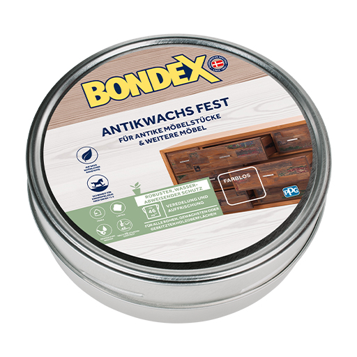 BONDEX ANTIKWACHS FEST ist ein Wachs mit hohem Anteil an natürlichem Carnaubawachs, das einen robusten, wasserabweisenden Schutzfilm, für antike Möbelstücke und alle weiteren rohen, gewachsten oder gebeizten Holzoberflächen im Innenbereich, verleiht.&nbsp;
<table cellpadding="2">
	<tbody>
		<tr>
			<td><img alt="Aus-Basis-naturlicher-Rohstoffe" src="/kentico/getattachment/produkte/innen/antikwachs-fest/Aus-Basis-naturlicher-Rohstoffe.jpg?lang=de-DE&amp;width=50&amp;height=50" style="width: 50px; height: 50px;" title="Sehr-hoher-Wetter-und-UV-Schutz.png" /></td>
			<td>Auf Basis natürlicher Rohstoffe</td>
		</tr>
		<tr>
			<td><img alt="Sicherheit-fur-Kinderspielzeug-nach-DIN-EN-71-3" src="/kentico/getattachment/produkte/innen/antikwachs-fest/Sicherheit-fur-Kinderspielzeug-nach-DIN-EN-71-3.jpg?lang=de-DE&amp;width=50&amp;height=50" style="width: 50px; height: 50px;" title="Schutzt-und-erhalt-das-naturliche-Erscheinungsbild-(1).png" /></td>
			<td>Sicherheit für Kinderspielzeug nach DIN EN 71-3</td>
		</tr>
	</tbody>
</table>
