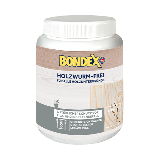 BONDEX Holzwurm-Frei schützt vor Holzwürmern und Pilzen.
<table cellpadding="2">
	<tbody>
		<tr>
			<td><img alt="sehr wirkungsvoll" src="/kentico/getattachment/produkte/innen/holzwurm-frei/AUFFRISCHUNG-der-OBERFLACHE.jpg?lang=de-DE" style="width: 50px; height: 50px;" /></td>
			<td>Sehr wirkungsvoll</td>
		</tr>
		<tr>
			<td><img alt="Geeignet für Restaurierungen" src="/kentico/getattachment/produkte/innen/holzwurm-frei/Geeignet-fur-Restaurierung.jpg?lang=de-DE&amp;width=50&amp;height=50" style="width: 50px; height: 50px;" title="Schutzt-und-erhalt-das-naturliche-Erscheinungsbild-(1).png" /></td>
			<td>Geeignet für Restaurierung</td>
		</tr>
	</tbody>
</table>
