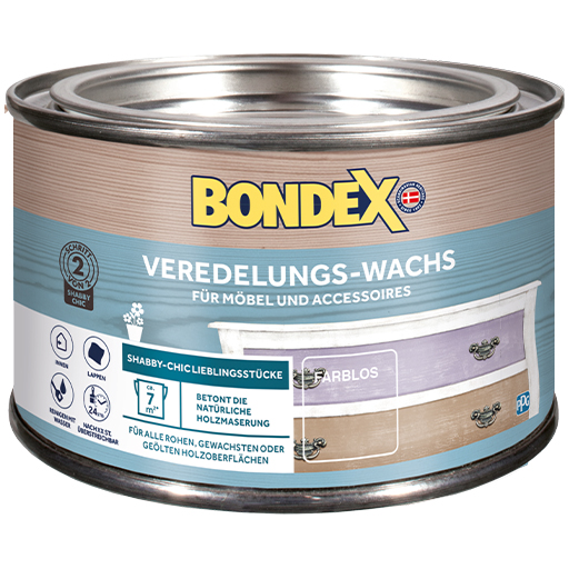 BONDEX Veredelungswachs - Die Nr. 1 Veredelungswachs für Holzprodukte. Die Holzoberfläche erhält neuen Glanz und Farbe, wodurch dem Möbelstück eine eigene, indieviduelle und moderne Eleganz verliehen wird.<br />
&nbsp;