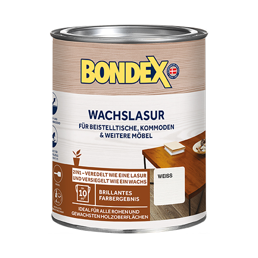 BONDEX Wachslasur für eine dekorative Holzveredelung.
<table cellpadding="2">
	<tbody>
		<tr>
			<td><img alt="Wasser-und-Schmutzabweisend.jpg" src="/kentico/getattachment/produkte/innen/wachslasur/Wasser-und-Schmutzabweisend.jpg?width=50&amp;height=50" style="width: 50px; height: 50px;" title="Wasser-und-Schmutzabweisend.jpg" /></td>
			<td>Wasser- und Schmutzabweisend</td>
		</tr>
		<tr>
			<td><img alt="Sicherheit-fur-Kinderspielzeug-nach-DIN-EN-71-3.jpg" src="/kentico/getattachment/produkte/innen/wachslasur/Sicherheit-fur-Kinderspielzeug-nach-DIN-EN-71-3.jpg?width=50&amp;height=50" style="width: 50px; height: 50px;" title="Sicherheit-fur-Kinderspielzeug-nach-DIN-EN-71-3.jpg" /></td>
			<td>Sicherheit für Kinderspielzeug nach DIN EN 71-3</td>
		</tr>
	</tbody>
</table>
