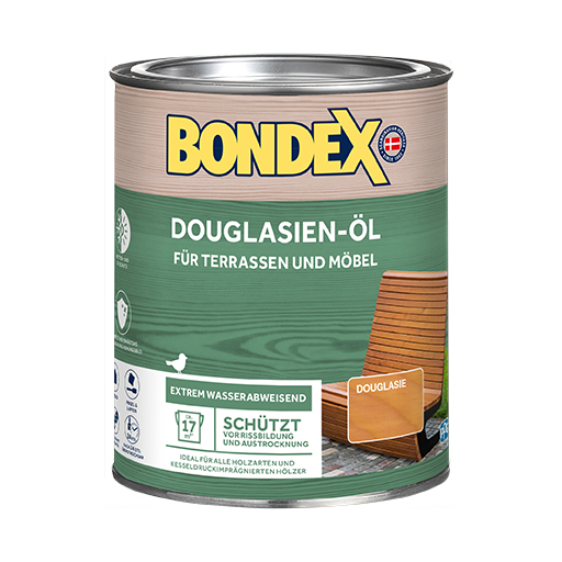 BONDEX Douglasien-Öl - Das schnelltrocknende Holz-Öl.
<table cellpadding="2">
	<tbody>
		<tr>
			<td><img alt="Holzstruktur.png" src="/kentico/getattachment/produkte/aussen/dauerschutz-lasur/Sehr-hoher-Wetter-und-UV-Schutz.jpg?lang=de-DE&amp;width=50&amp;height=50" title="Holzstruktur.png" /></td>
			<td>Wetter- und UV-Schutz</td>
		</tr>
		<tr>
			<td><img alt="Schutzt-und-erhalt-das-naturliche-Erscheinungsbild.jpg" src="/kentico/getattachment/produkte/aussen/douglasien-ol/Schutzt-und-erhalt-das-naturliche-Erscheinungsbild.jpg?width=50&amp;height=50" style="width: 50px; height: 50px;" title="Schutzt-und-erhalt-das-naturliche-Erscheinungsbild.jpg" /></td>
			<td>Schützt und erhält das natürliche Erscheinungsbild</td>
		</tr>
	</tbody>
</table>
