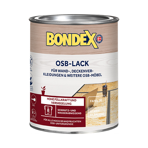 BONDEX OSB Lack - Die Lackierung und Grundierung von OSB&nbsp;Platten&nbsp;(Spanplatten) im Innenbereich wie z.B. Regale, Wand- und Deckenverkleidungen.
<table cellpadding="2">
	<tbody>
		<tr>
			<td><img alt="abriebfest" src="/kentico/getattachment/produkte/innen/holzsiegel/Abriebfest.jpg?lang=de-DE&amp;width=50&amp;height=50" title="Sehr-hoher-Wetter-und-UV-Schutz.png" /></td>
			<td>Abriebfest</td>
		</tr>
		<tr>
			<td><img alt="Schnelltrocknend.jpg" src="/kentico/getattachment/produkte/innen/osb-lack/Schnelltrocknend.jpg?width=50&amp;height=50" style="width: 50px; height: 50px;" title="Schnelltrocknend.jpg" /></td>
			<td>Schnelltrocknend</td>
		</tr>
	</tbody>
</table>
