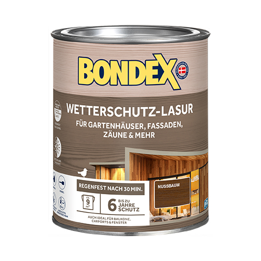 BONDEX WETTERSCHUTZ-LASUR ist eine wasserbasierte, tropfgehemmte Lasur für alle maßhaltigen und begrenzt maßhaltigen Holzoberflächen im Außenbereich und das bis zu 6 Jahre.
<table cellpadding="2">
	<tbody>
		<tr>
			<td><img alt="quick-rain.jpg" src="/kentico/getattachment/produkte/aussen/wetterschutz-lasur/quick-rain.jpg?width=50&amp;height=50" style="width: 50px; height: 50px;" title="quick-rain.jpg" /></td>
			<td>Regenfest nach 30 Minuten</td>
		</tr>
		<tr>
			<td><img alt="Sehr-hoher-Wetter-und-UV-Schutz.png" src="/kentico/getattachment/produkte/aussen/wetterschutz-lasur/Sehr-hoher-Wetter-und-UV-Schutz.jpg?lang=de-DE&amp;width=50&amp;height=50" style="width: 50px; height: 50px;" title="Sehr-hoher-Wetter-und-UV-Schutz.png" /></td>
			<td>Wetter- und UV-Schutz</td>
		</tr>
	</tbody>
</table>

