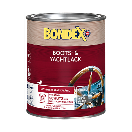BONDEX BOOTS- &amp; YACHTLACK ist ein lösemittelhaltiger Lack für viele Innen- und Außenholzaufbauten auf Booten und Yachten oberhalb der Wasserlinie.
<table cellpadding="2">
	<tbody>
		<tr>
			<td><img alt="hochelastisch" src="/kentico/getattachment/produkte/innen/boots-yachtlack/Hochelastisch.jpg?lang=de-DE&amp;width=50&amp;height=50" style="width: 50px; height: 50px;" title="Sehr-hoher-Wetter-und-UV-Schutz.png" /></td>
			<td>Hochelastisch</td>
		</tr>
		<tr>
			<td><img alt="Schutz gegen Verschleiß" src="/kentico/getattachment/produkte/innen/boots-yachtlack/Schutz-gegen-Verschleiss.jpg?lang=de-DE&amp;width=50&amp;height=50" style="width: 50px; height: 50px;" title="Schutzt-und-erhalt-das-naturliche-Erscheinungsbild-(1).png" /></td>
			<td>Schutz gegen Verschleiss</td>
		</tr>
	</tbody>
</table>
