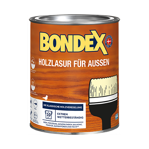 BONDEX Holzlasur für Aussen - für alle Hölzer im Aussenbereich geeignet.
<table cellpadding="2">
	<tbody>
		<tr>
			<td><img alt="Schutz-vor-Pilzbefall.png" src="/kentico/getattachment/produkte/aussen/holzfarbe-fur-aussen/Grunbelagsschutz-des-Anstrichs.jpg?lang=de-DE&amp;width=50&amp;height=50" title="Schutz-vor-Pilzbefall.png" /></td>
			<td>Grünbelagsschutz des Anstrichs</td>
		</tr>
		<tr>
			<td><img alt="atmungsaktiv.png" src="/kentico/getattachment/produkte/aussen/holzlasur-fur-außen/Atmungsaktiv-und-Feuchtigkeitsregulierend.jpg?lang=de-DE&amp;width=50&amp;height=50" style="width: 50px; height: 50px;" title="atmungsaktiv.png" /></td>
			<td>Atmungsaktiv und Feuchtigkeitsregulierend</td>
		</tr>
	</tbody>
</table>
<br />
&nbsp;