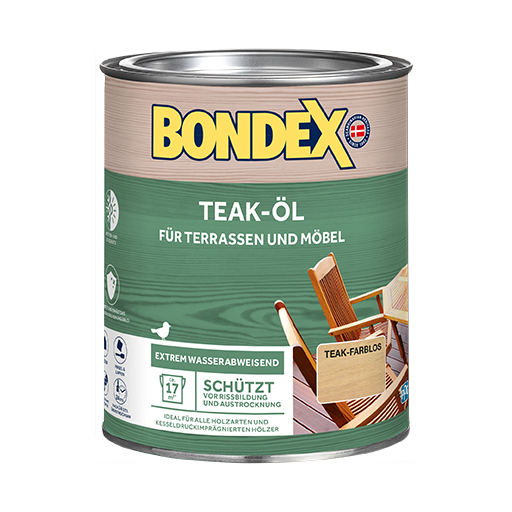 Gartenmöbel, Zäune und Terrassendielen aus dem beliebten Laubbaum sind mit BONDEX TEAK-ÖL bestens geschützt.
<table cellpadding="2">
	<tbody>
		<tr>
			<td><img alt="Holzstruktur.png" src="/kentico/getattachment/produkte/aussen/dauerschutz-lasur/Sehr-hoher-Wetter-und-UV-Schutz.jpg?lang=de-DE&amp;width=50&amp;height=50" title="Holzstruktur.png" /></td>
			<td>Wetter- und UV-Schutz</td>
		</tr>
		<tr>
			<td><img alt="Schutzt-und-erhalt-das-naturliche-Erscheinungsbild.jpg" src="/kentico/getattachment/produkte/aussen/douglasien-ol/Schutzt-und-erhalt-das-naturliche-Erscheinungsbild.jpg?width=50&amp;height=50" title="Schutzt-und-erhalt-das-naturliche-Erscheinungsbild.jpg" /></td>
			<td>Schützt und erhält das natürliche Erscheinungsbild</td>
		</tr>
	</tbody>
</table>
