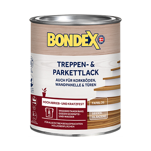 BONDEX Treppen &amp; Parkett Lack - Die ideale Versiegelung.
<table cellpadding="2">
	<tbody>
		<tr>
			<td><img alt="Schnelltrocknend.jpg" src="/kentico/getattachment/produkte/innen/osb-lack/Schnelltrocknend.jpg?width=50&amp;height=50" title="Schnelltrocknend.jpg" /></td>
			<td>Schnelltrocknend</td>
		</tr>
		<tr>
			<td><img alt="Sicherheit-fur-Kinderspielzeug-nach-DIN-EN-71-3" src="/kentico/getattachment/produkte/innen/antikwachs-fest/Sicherheit-fur-Kinderspielzeug-nach-DIN-EN-71-3.jpg?lang=de-DE&amp;width=50&amp;height=50" title="Schutzt-und-erhalt-das-naturliche-Erscheinungsbild-(1).png" /></td>
			<td>Sicherheit für Kinderspielzeug nach DIN EN 71-3</td>
		</tr>
	</tbody>
</table>
<br />
&nbsp;