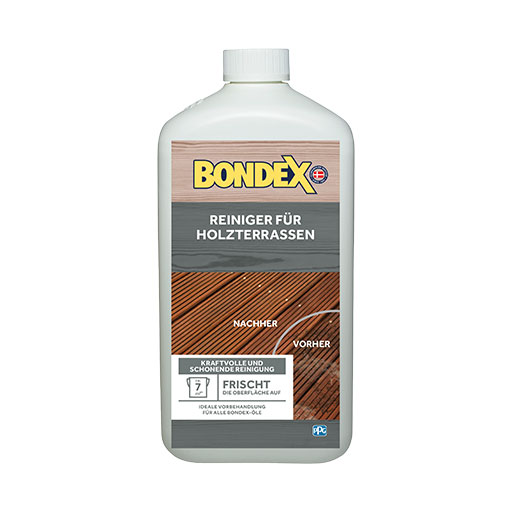 BONDEX Holz-Terrassen-Reiniger pflegt und schützt Terrassenoberflächen.