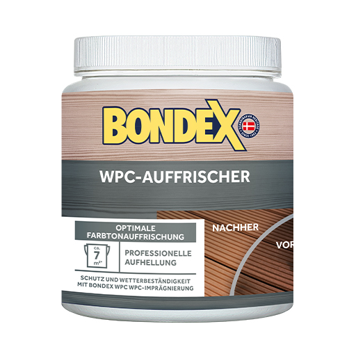 BONDEX WPC-Auffrischer - Frischt Farbton optimal auf.&nbsp;
<table cellpadding="2">
	<tbody>
		<tr>
			<td><img alt="Gebrauchsfertig.jpg" src="/kentico/getattachment/produkte/aussen/bondex-wpc-auffrischer/Gebrauchsfertig.jpg?width=50&amp;height=50" style="width: 50px; height: 50px;" title="Gebrauchsfertig.jpg" /></td>
			<td>Gebrauchsfertig</td>
		</tr>
		<tr>
			<td><img alt="sehr-ergiebig.jpg" src="/kentico/getattachment/produkte/aussen/bondex-wpc-auffrischer/sehr-ergiebig.jpg?width=50&amp;height=50" style="width: 50px; height: 50px;" title="sehr-ergiebig.jpg" /></td>
			<td>Sehr ergiebig</td>
		</tr>
	</tbody>
</table>
*Auslaufprodukt -&nbsp;nur noch bei wenigen Verkaufsstätten/Onlinehändlern erhältlich.